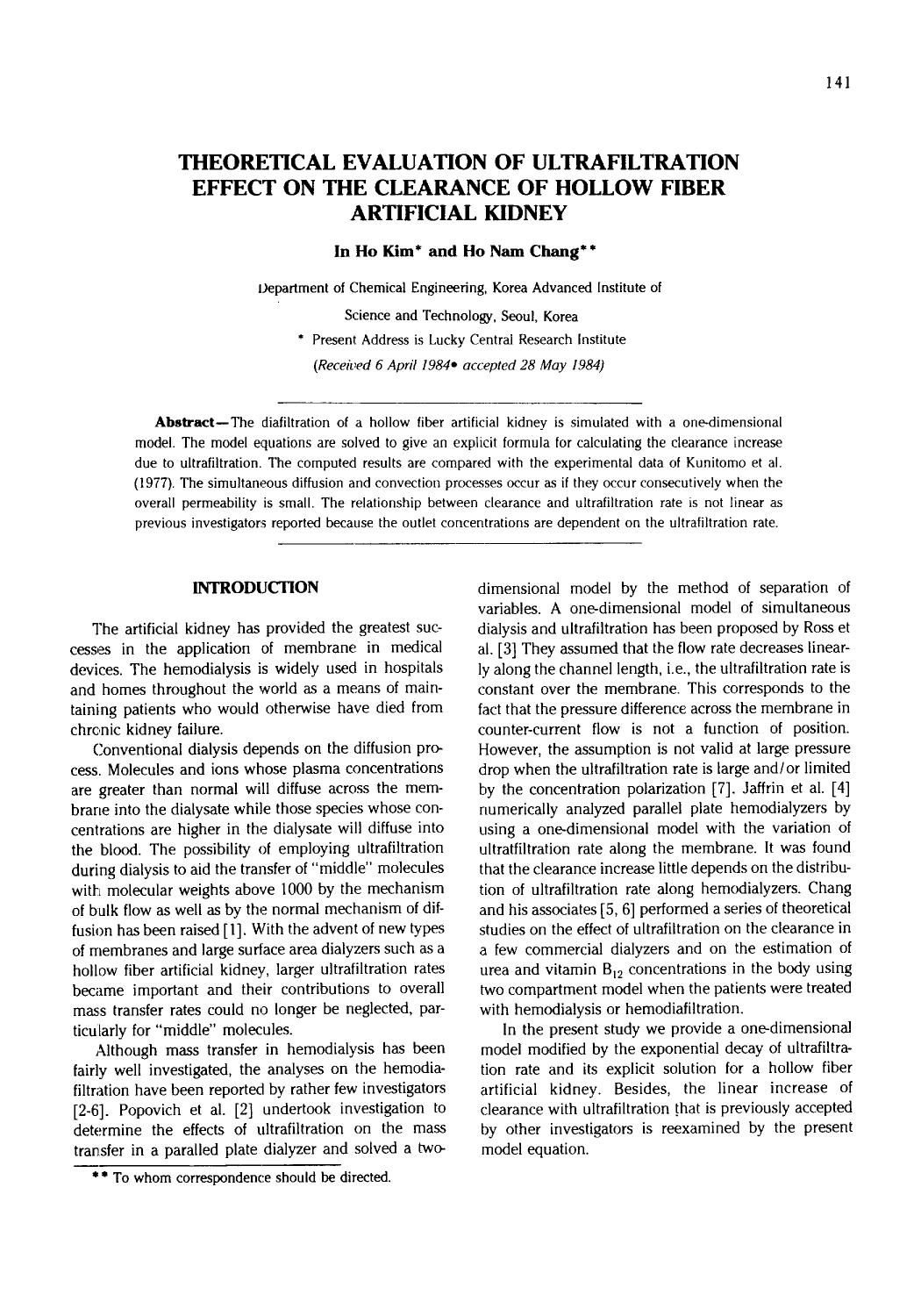 Theoretical evaluation of ultrafiltration effect on the clearance of hollow fiber artificial kidney by Unknown