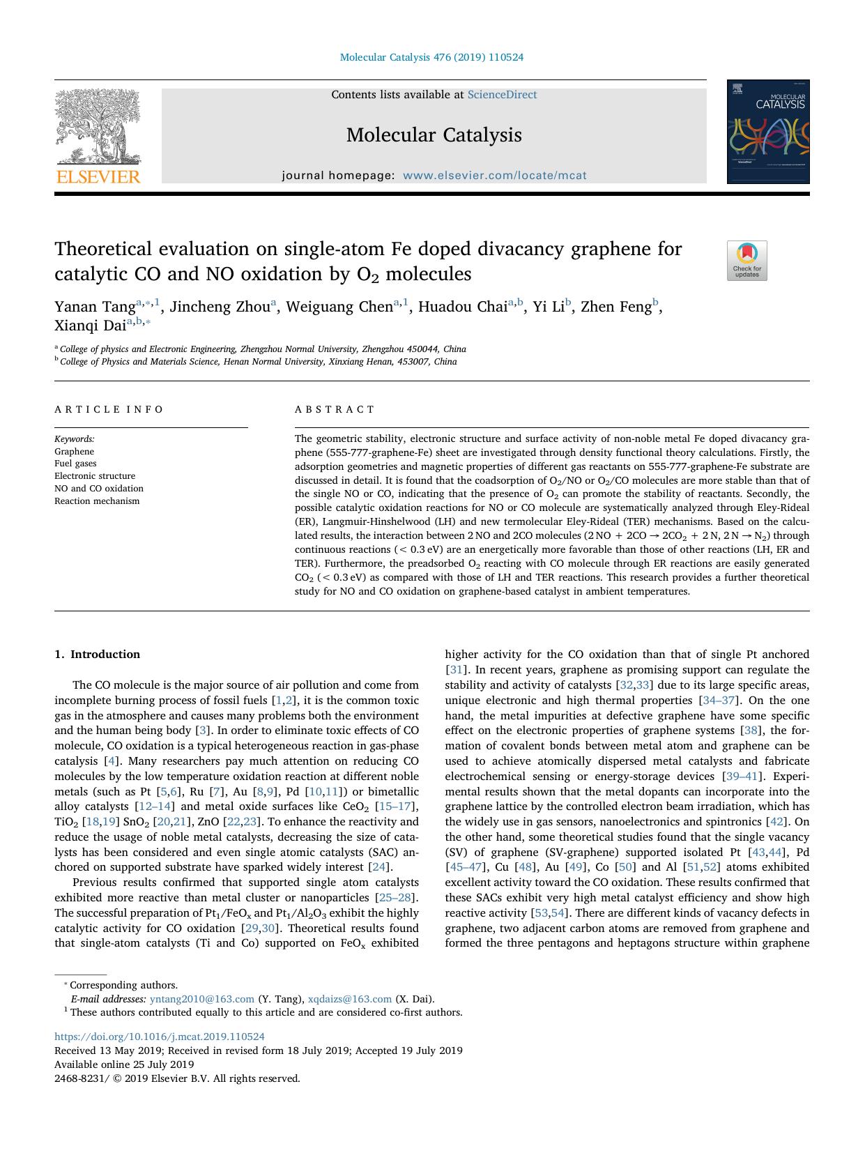Theoretical evaluation on single-atom Fe doped divacancy graphene for catalytic CO and NO oxidation by O2 molecules by Yanan Tang & Jincheng Zhou & Weiguang Chen & Huadou Chai & Yi Li & Zhen Feng & Xianqi Dai