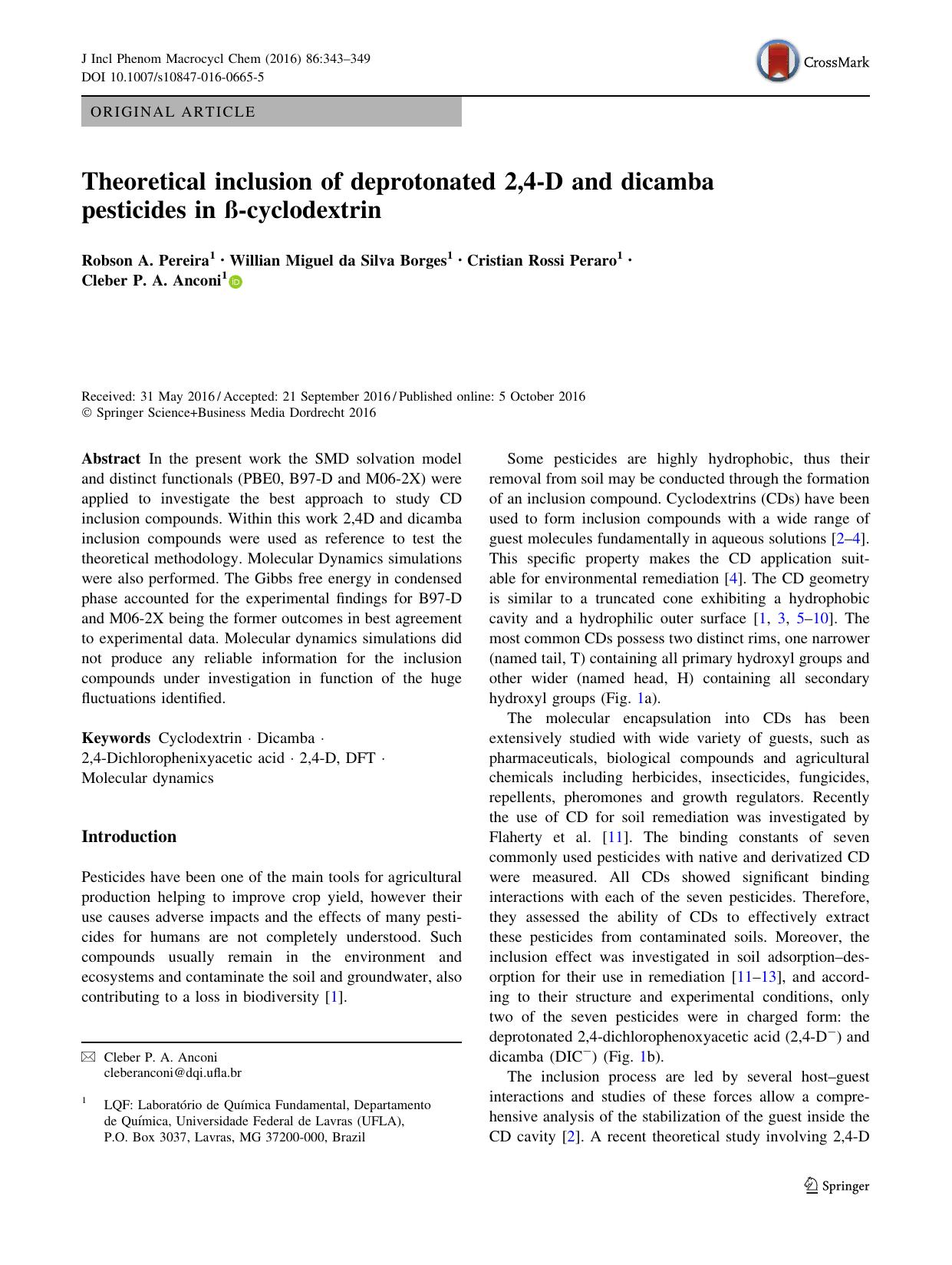 Theoretical inclusion of deprotonated 2,4-D and dicamba pesticides in Ã-cyclodextrin by Robson A. Pereira & Willian Miguel Silva Borges & Cristian Rossi Peraro & Cleber P. A. Anconi