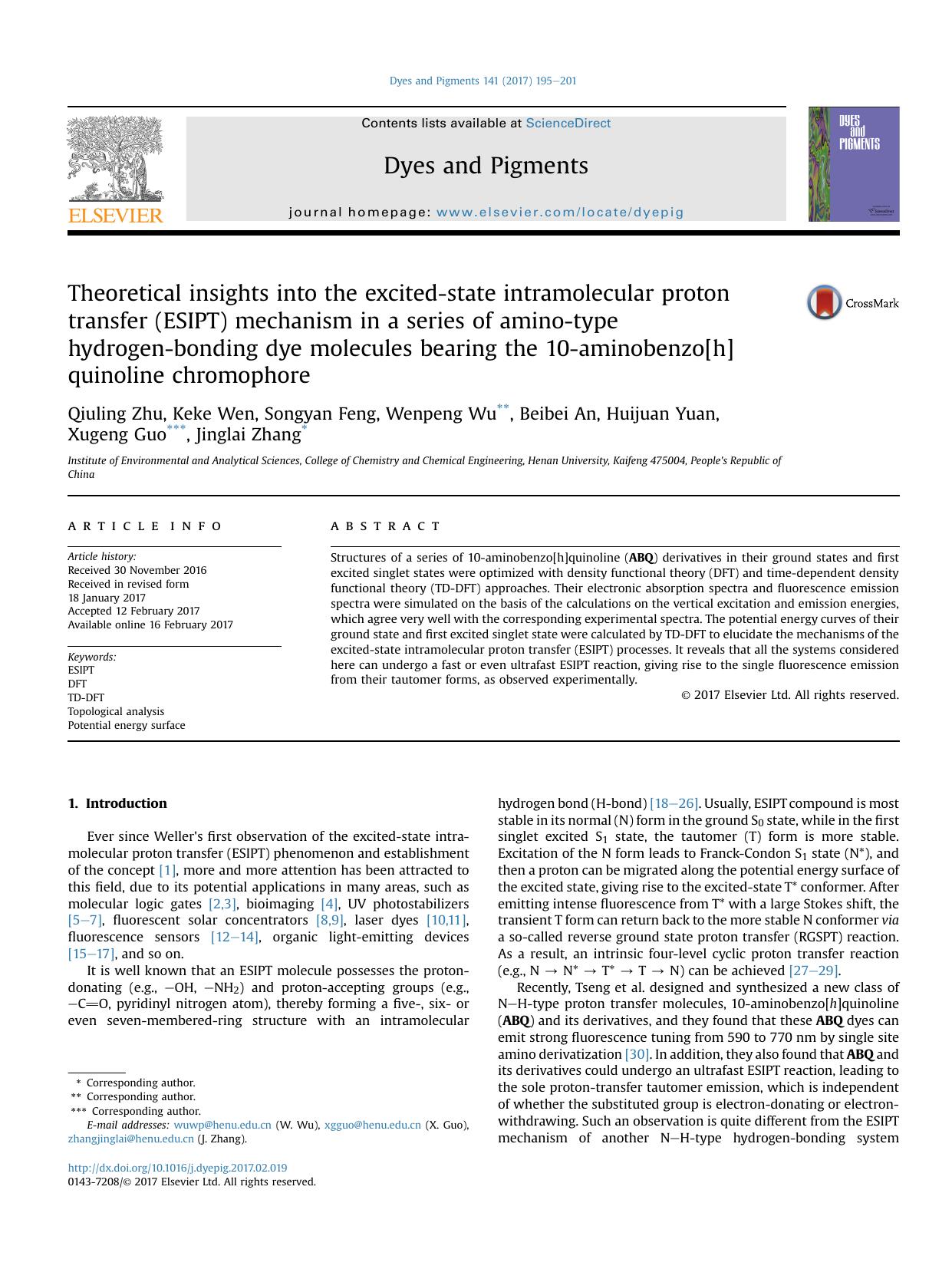 Theoretical insights into the excited-state intramolecular proton transfer (ESIPT) mechanism in a series of amino-type hydrogen-bonding dye molecules bearing the 10-aminobenzo[h]quinoline chromophore by unknow