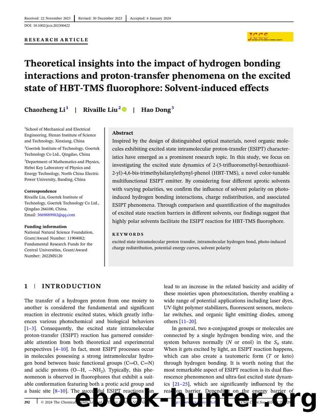 Theoretical insights into the impact of hydrogen bonding interactions and protonâtransfer phenomena on the excited state of HBTâTMS fluorophore: Solventâinduced effects by Unknown