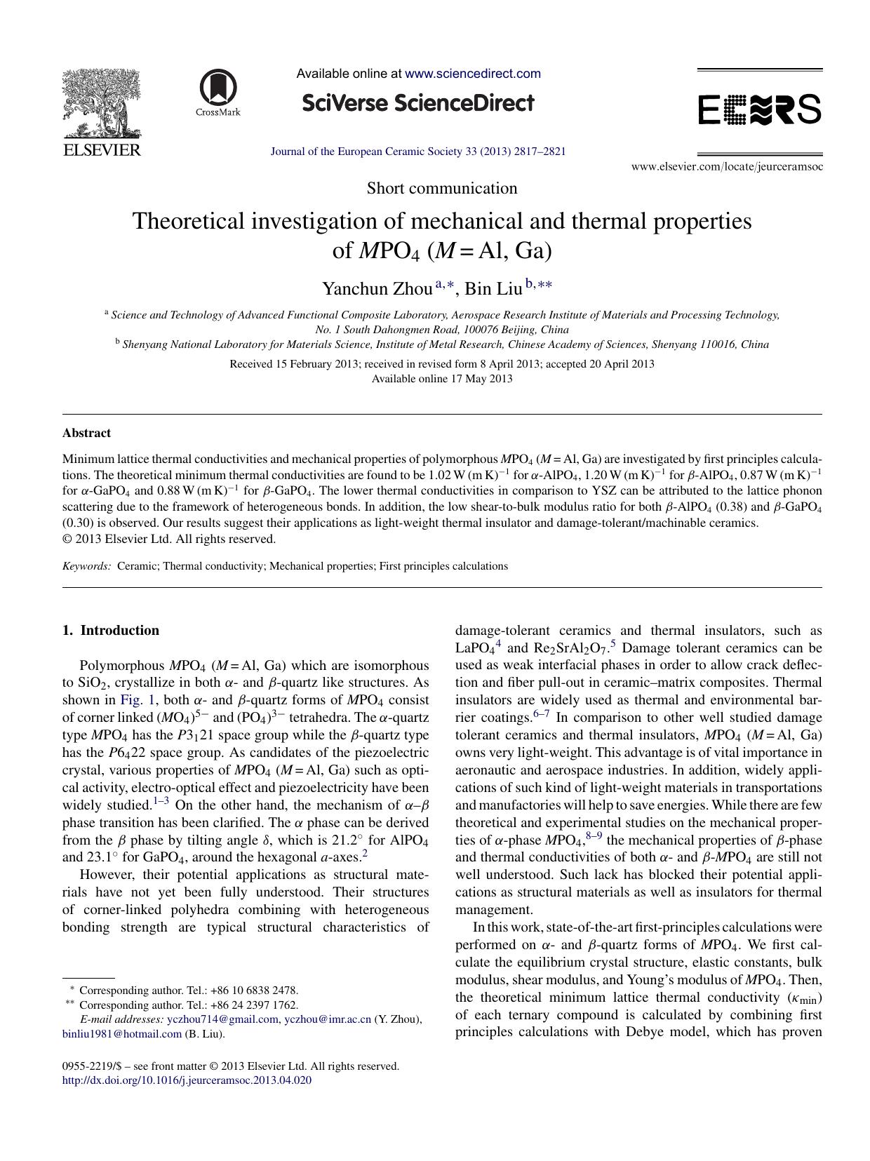Theoretical investigation of mechanical and thermal properties of MPO4 (M=Al, Ga) by Yanchun Zhou