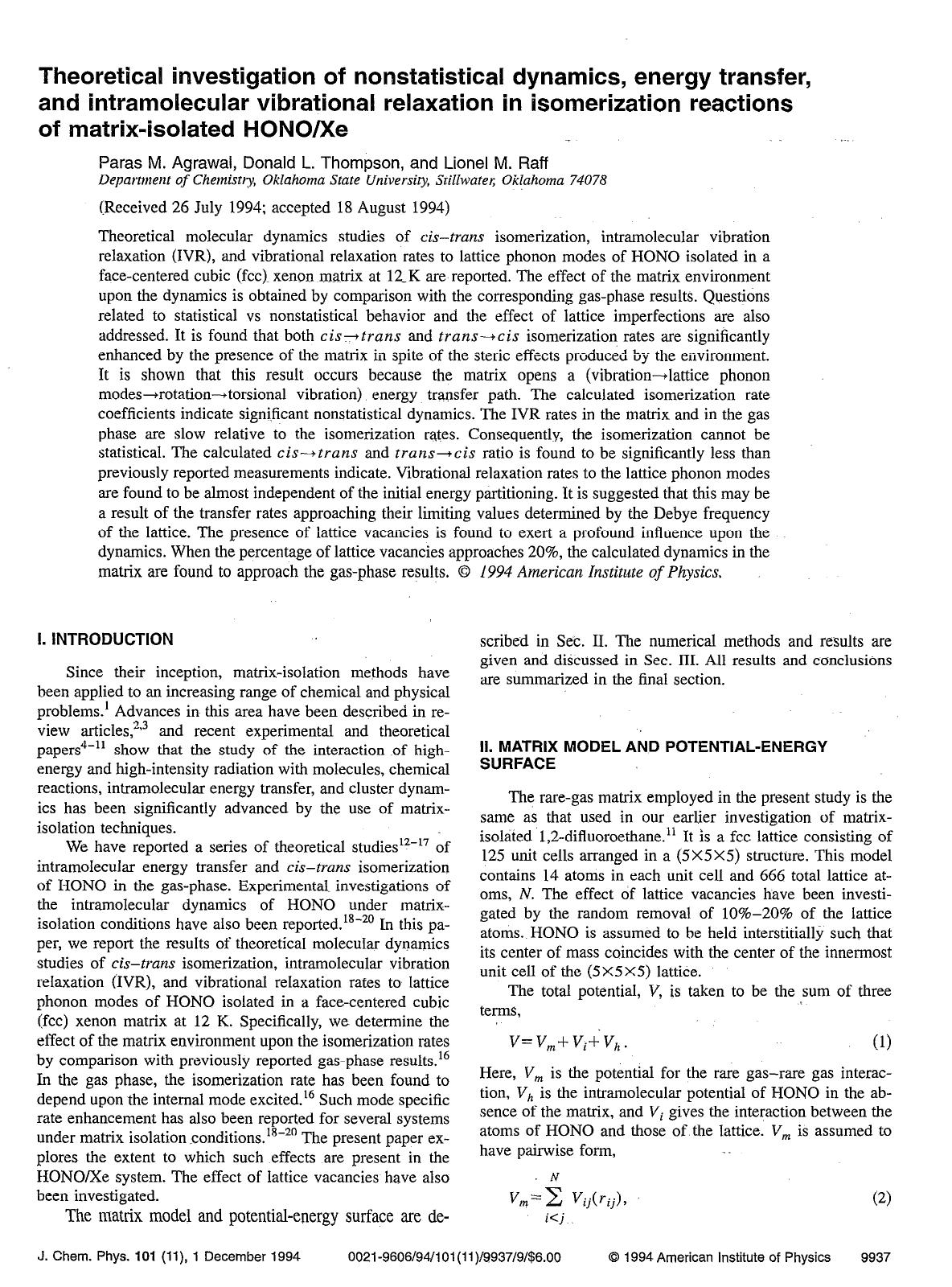 Theoretical investigation of nonstatistical dynamics, energy transfer, and intramolecular vibrational relaxation in isomerization reactions of matrix-isolated HONOXe by Paras M. Agrawal; Donald L. Thompson; Lionel M. Raff