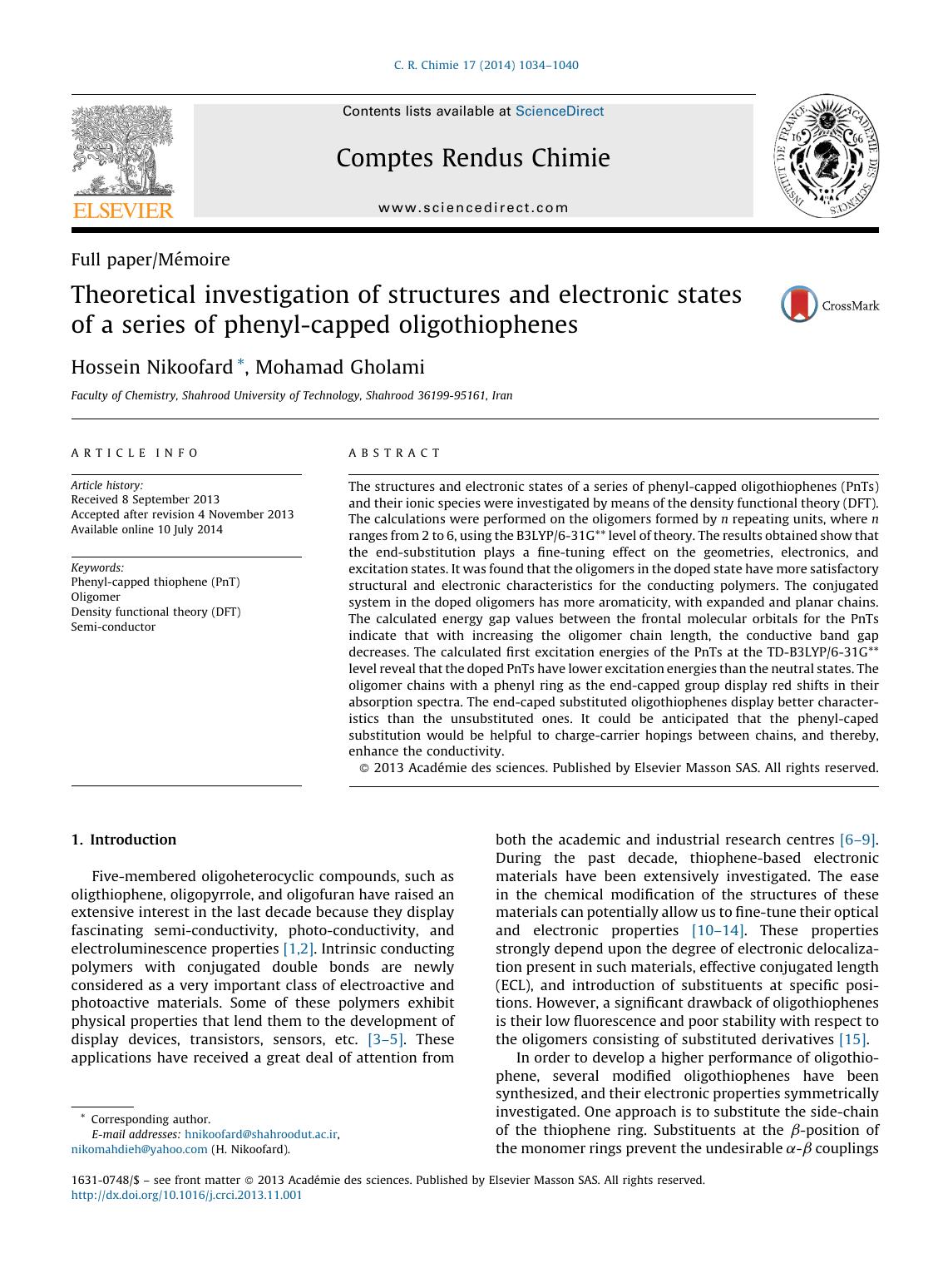 Theoretical investigation of structures and electronic states of a series of phenyl-capped oligothiophenes by Hossein Nikoofard & Mohamad Gholami