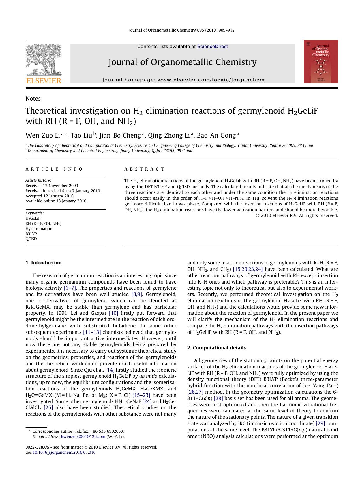 Theoretical investigation on H2 elimination reactions of germylenoid H2GeLiF with RH (R=F, OH, and NH2) by Wen-Zuo Li; Tao Liu; Jian-Bo Cheng; Qing-Zhong Li; Bao-An Gong