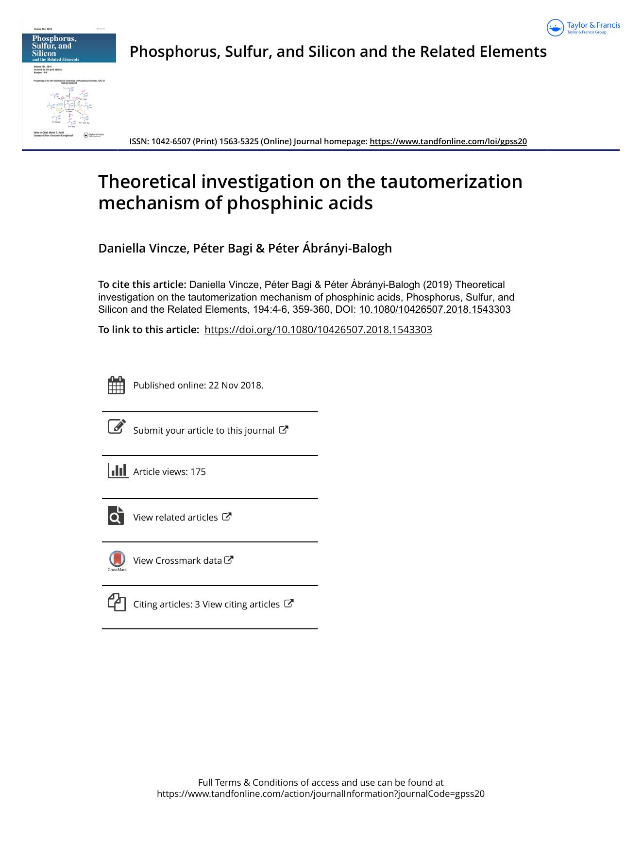 Theoretical investigation on the tautomerization mechanism of phosphinic acids by Vincze Daniella & Bagi Péter & Ábrányi-Balogh Péter