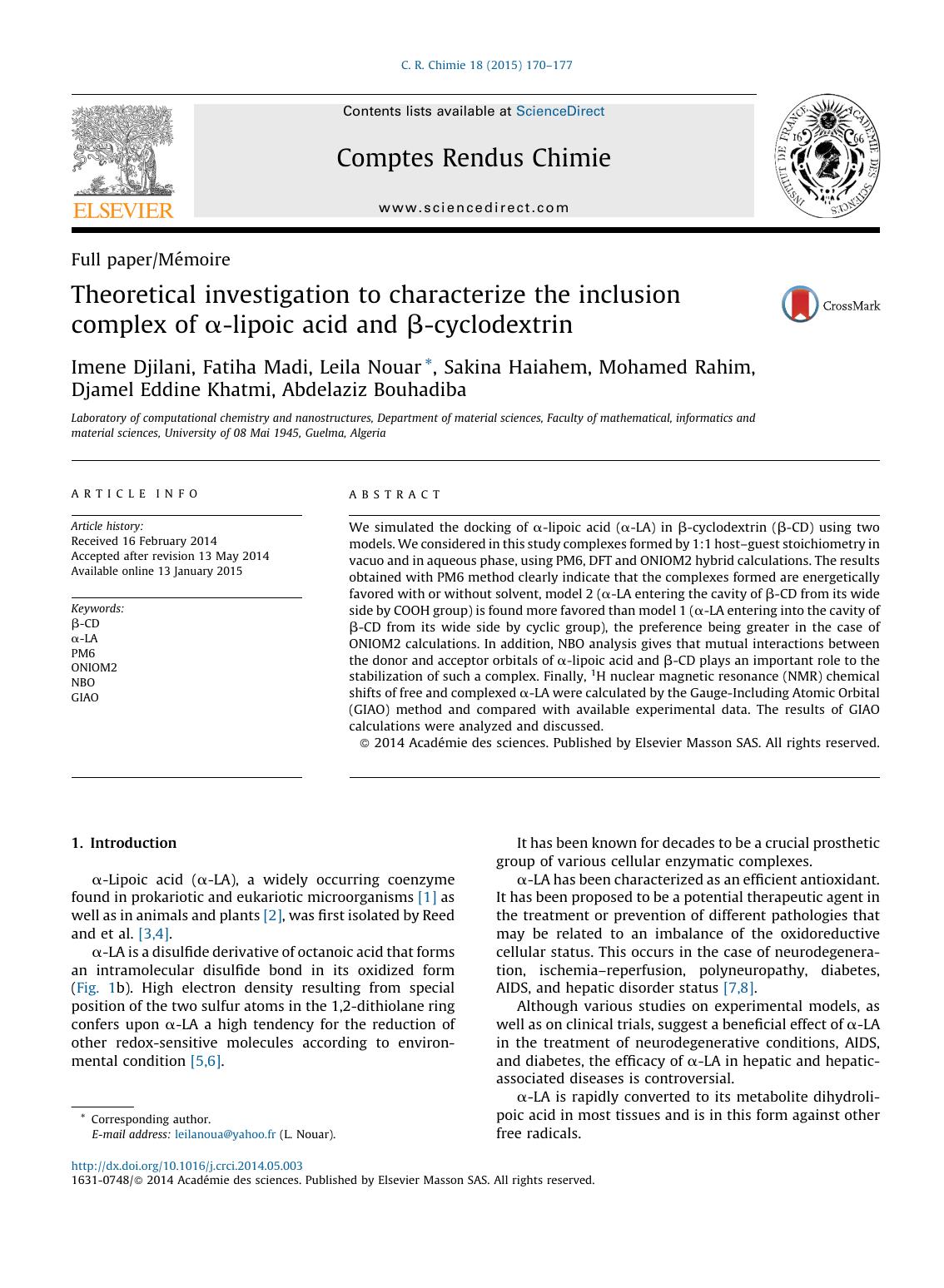 Theoretical investigation to characterize the inclusion complex of Î±-lipoic acid and Î²-cyclodextrin by unknow