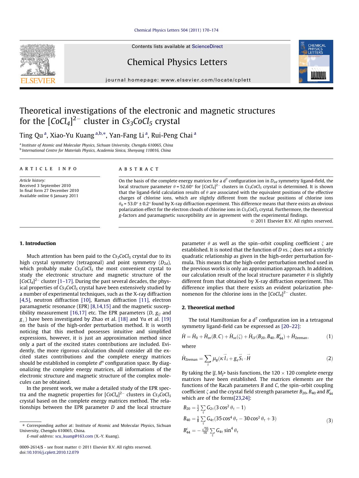 Theoretical investigations of the electronic and magnetic structures for the [CoCl4]2âˆ’ cluster in Cs3CoCl5 crystal by Ting Qu & Xiao-Yu Kuang & Yan-Fang Li & Rui-Peng Chai