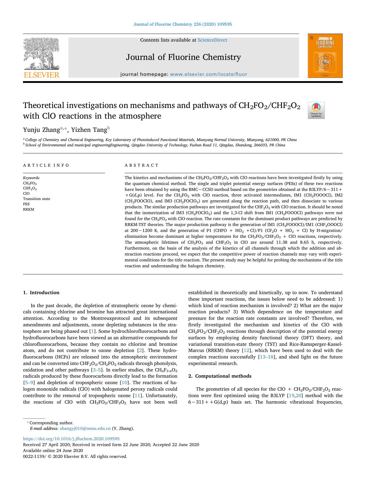 Theoretical investigations on mechanisms and pathways of CH2FO2CHF2O2 with ClO reactions in the atmosphere by Yunju Zhang