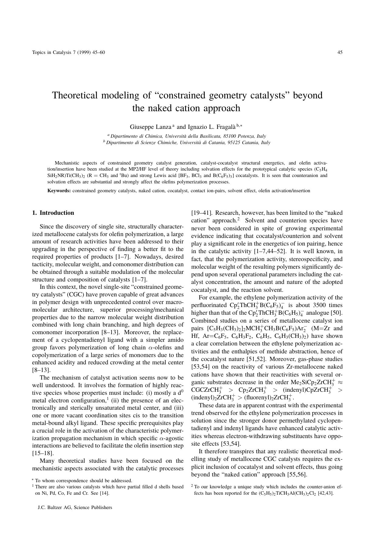 Theoretical modeling of &#x201C;constrained geometry catalysts&#x201D; beyond the naked cation approach by Unknown
