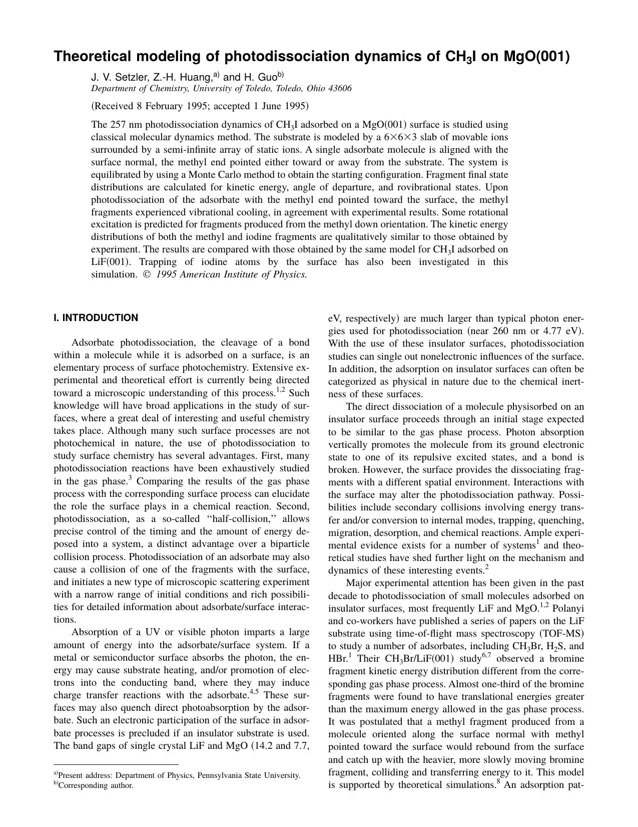 Theoretical modeling of photodissociation dynamics of CH 3 I on MgO[001] by J. V. Setzler & Z.-H. Huang & and H. Guo