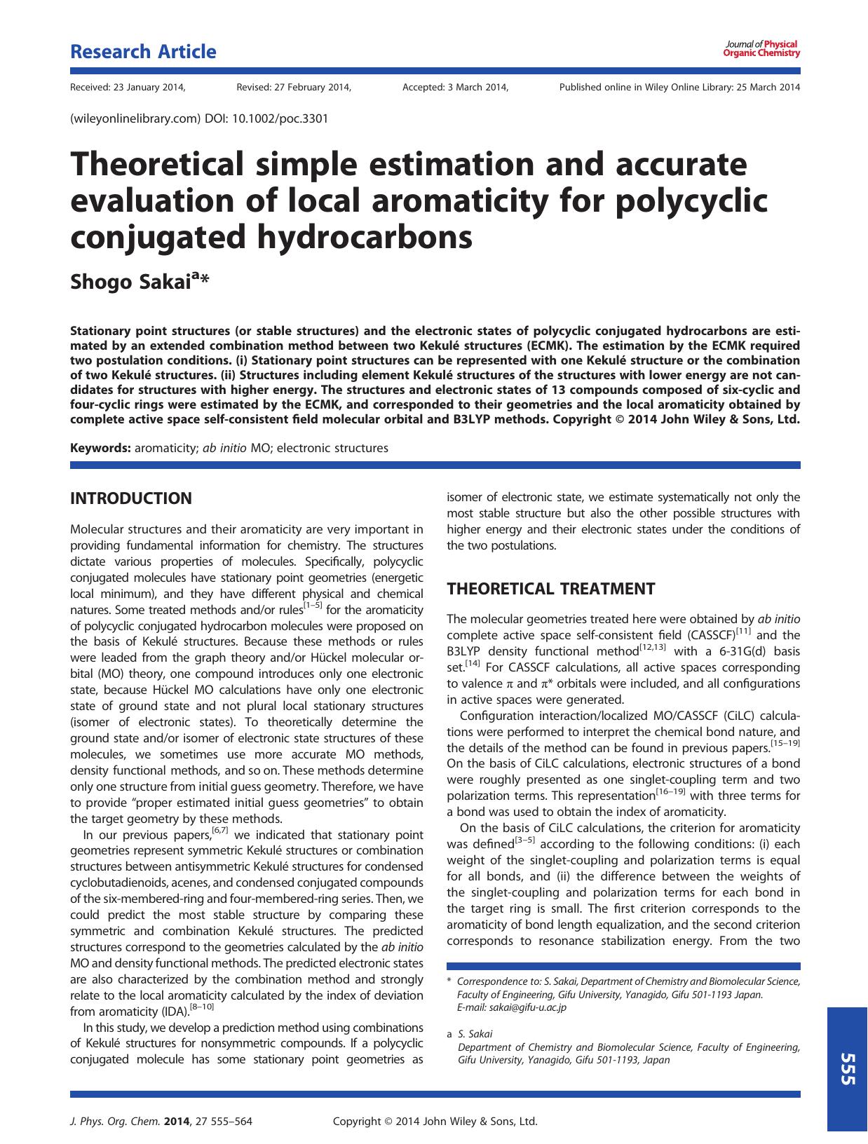Theoretical simple estimation and accurate evaluation of local aromaticity for polycyclic conjugated hydrocarbons by Shogo Sakai