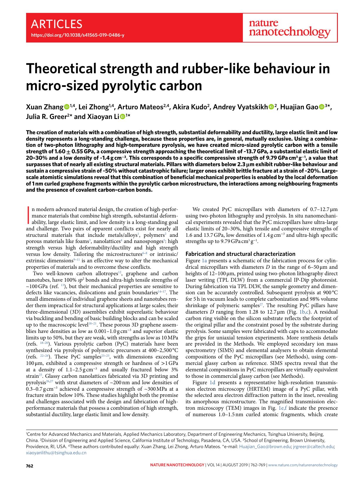 Theoretical strength and rubber-like behaviour in micro-sized pyrolytic carbon by unknow