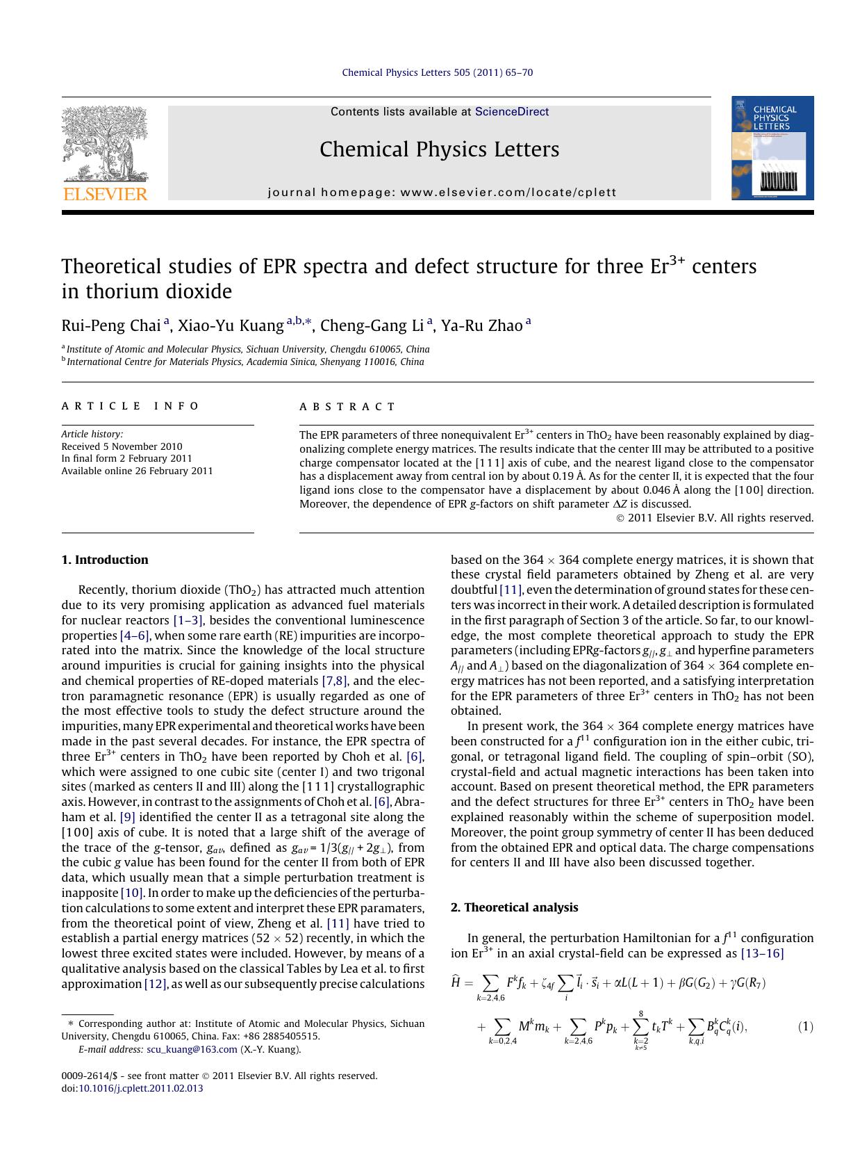 Theoretical studies of EPR spectra and defect structure for three Er3+ centers in thorium dioxide by Rui-Peng Chai & Xiao-Yu Kuang & Cheng-Gang Li & Ya-Ru Zhao
