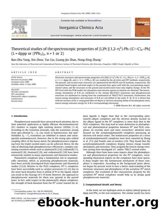 Theoretical studies of the spectroscopic properties of (L)Pt [(1,2-Î·2)-Phâ(CC)nâPh] (L=dppp or (PPh3)2, n=1 or 2) by Bao-Zhu Yang; Xin Zhou; Tao Liu; Guang-Jin Zhao; Hong-Xing Zhang