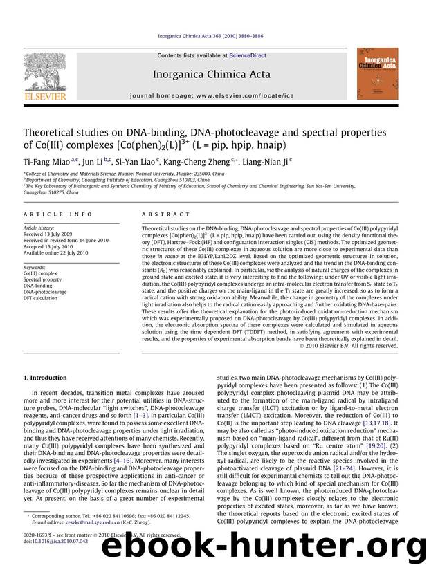 Theoretical studies on DNA-binding, DNA-photocleavage and spectral properties of Co(III) complexes [Co(phen)2(L)]3+ (L=pip, hpip, hnaip) by Ti-Fang Miao & Jun Li & Si-Yan Liao & Kang-Cheng Zheng & Liang-Nian Ji
