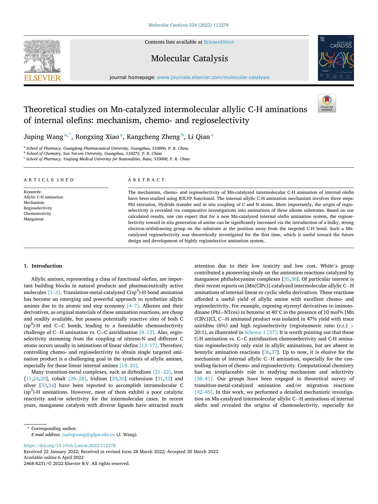 Theoretical studies on Mn-catalyzed intermolecular allylic C-H aminations of internal olefins: mechanism, chemo- and regioselectivity by Juping Wang & Rongxing Xiao & Kangcheng Zheng & Li Qian