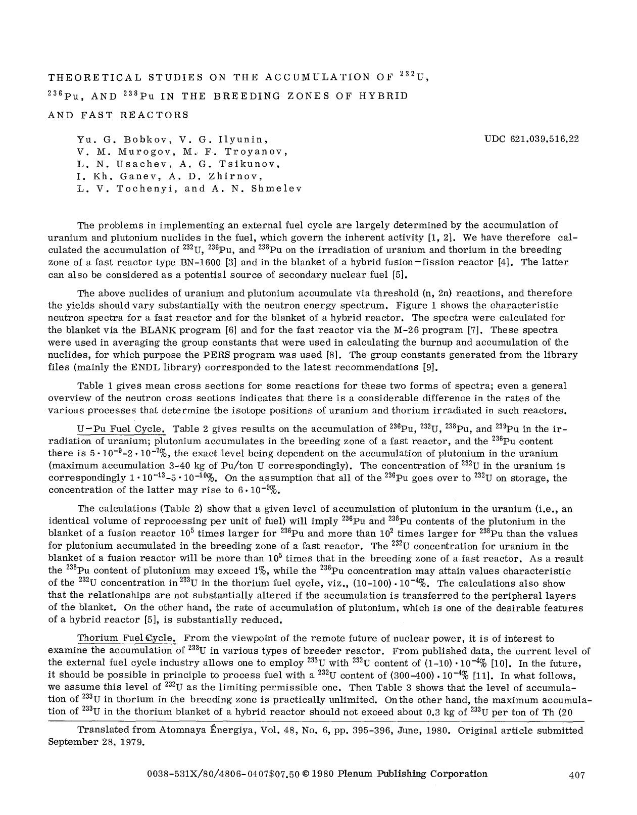 Theoretical studies on the accumulation of <Superscript>232 <Superscript>U, <Superscript>236 <Superscript>Pu, and <Superscript>238 <Superscript>Pu in the breeding zones of hybrid and fast reactors by Unknown