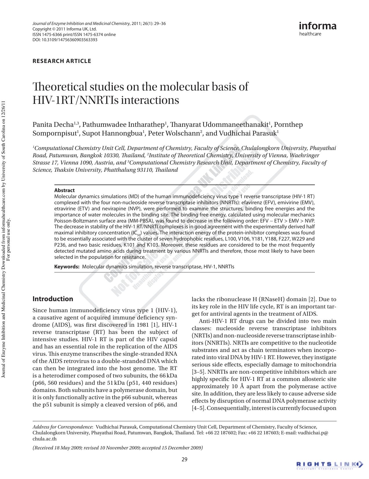 Theoretical studies on the molecular basis of HIV-1RTNNRTIs interactions by unknow