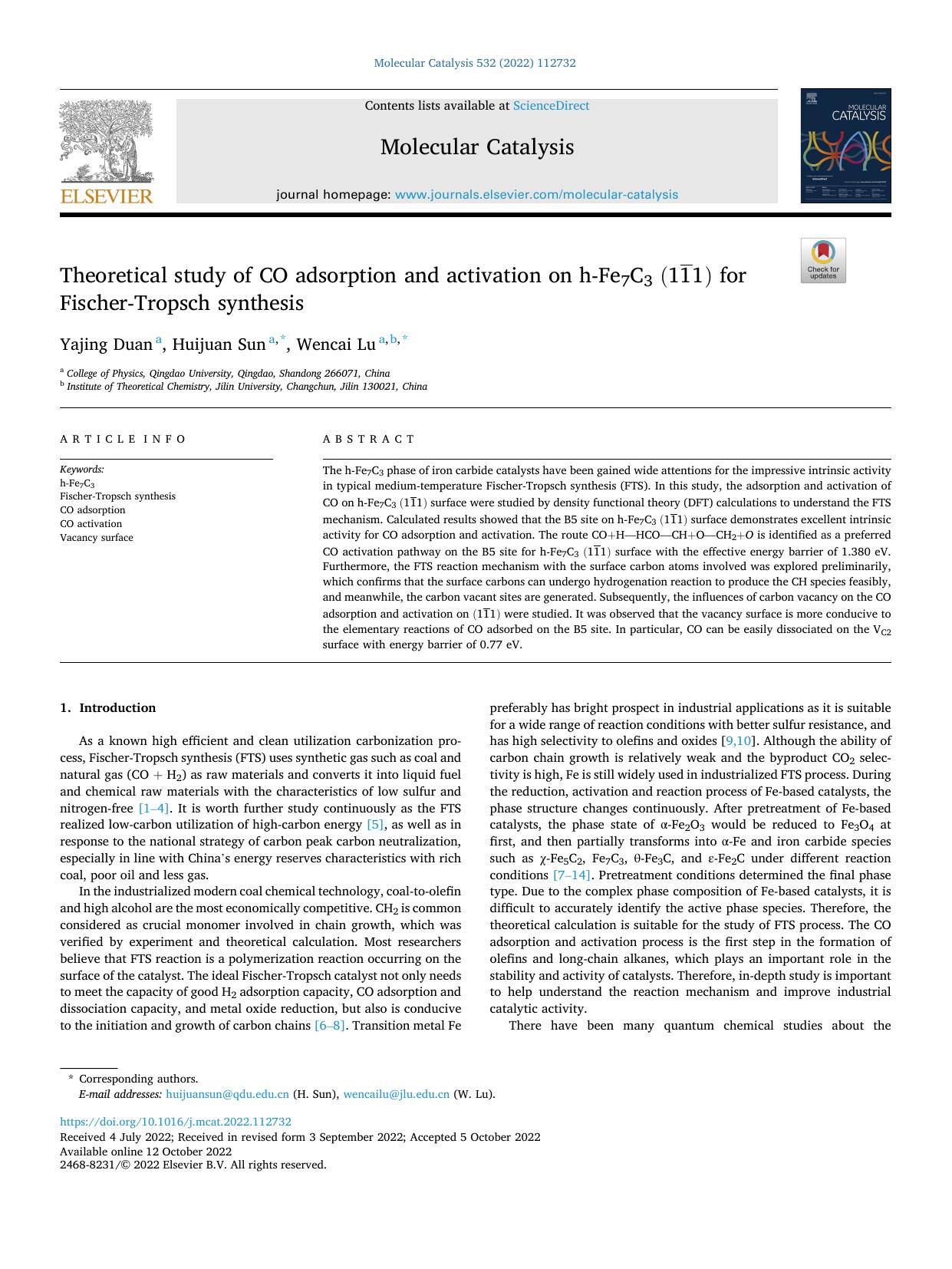 Theoretical study of CO adsorption and activation on h-Fe7C3 [formula omitted] for Fischer-Tropsch synthesis by Yajing Duan & Huijuan Sun & Wencai Lu