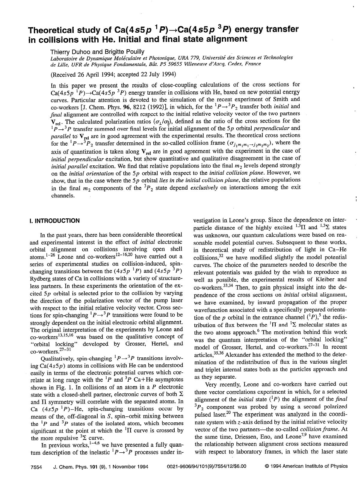 Theoretical study of Ca(4s5p 1P) Ca(4s5p 3P) energy transfer in collisions with He. Initial and final state alignment by Thierry Duhoo; Brigitte Pouilly