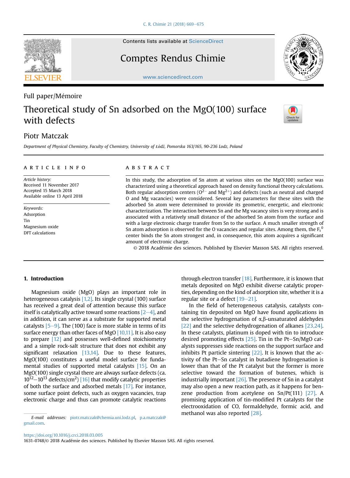 Theoretical study of Sn adsorbed on the MgO(100) surface with defects by Piotr Matczak