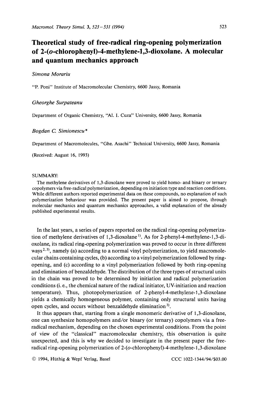 Theoretical study of free-radical ring-opening polymerization of 2-(o-chlorophenyl)-4-methylene-1,3-dioxolane. A molecular and quantum mechanics approach by Unknown