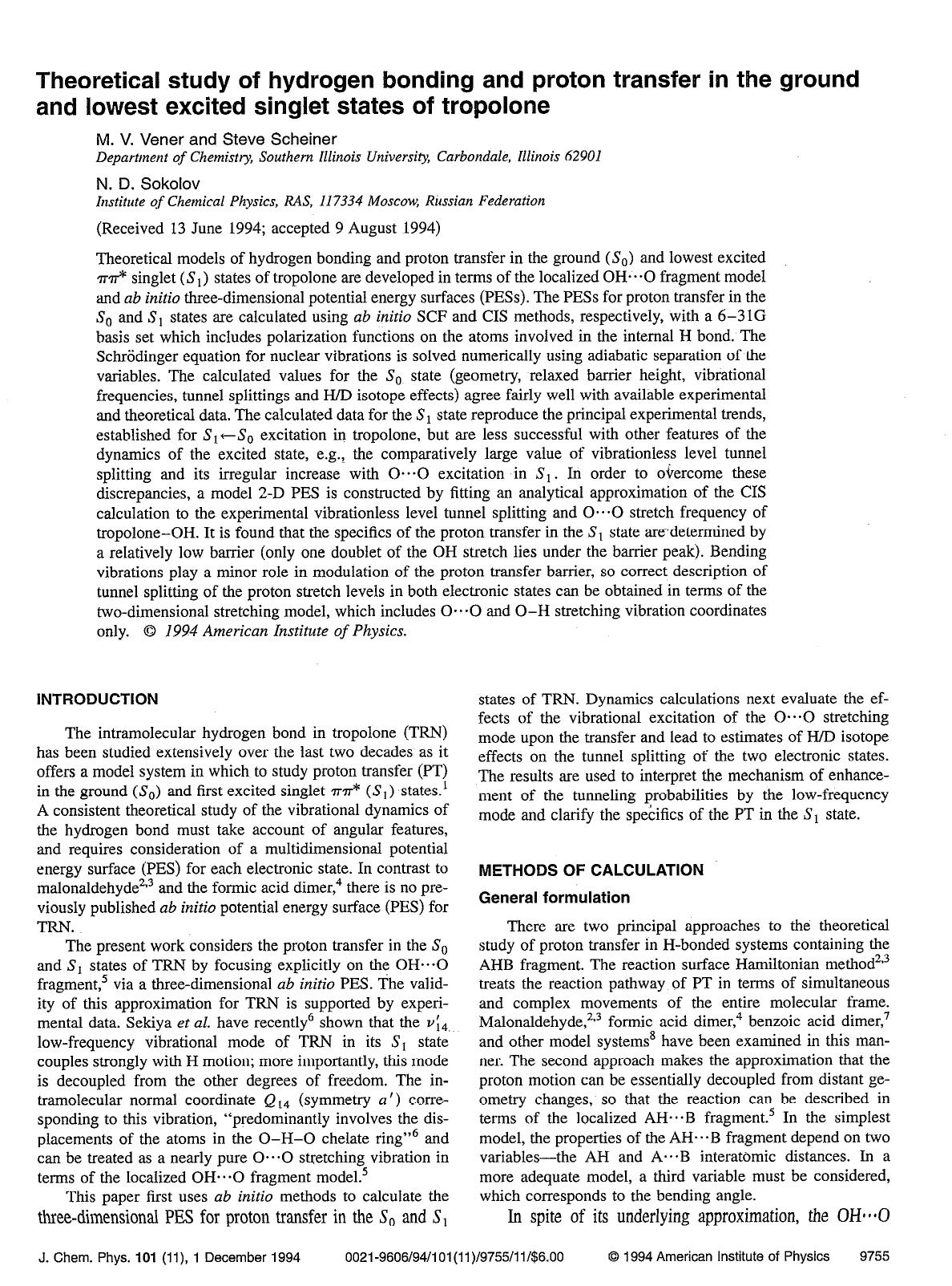 Theoretical study of hydrogen bonding and proton transfer in the ground and lowest excited singlet states of tropolone by M. V. Vener; Steve Scheiner; N. D. Sokolov