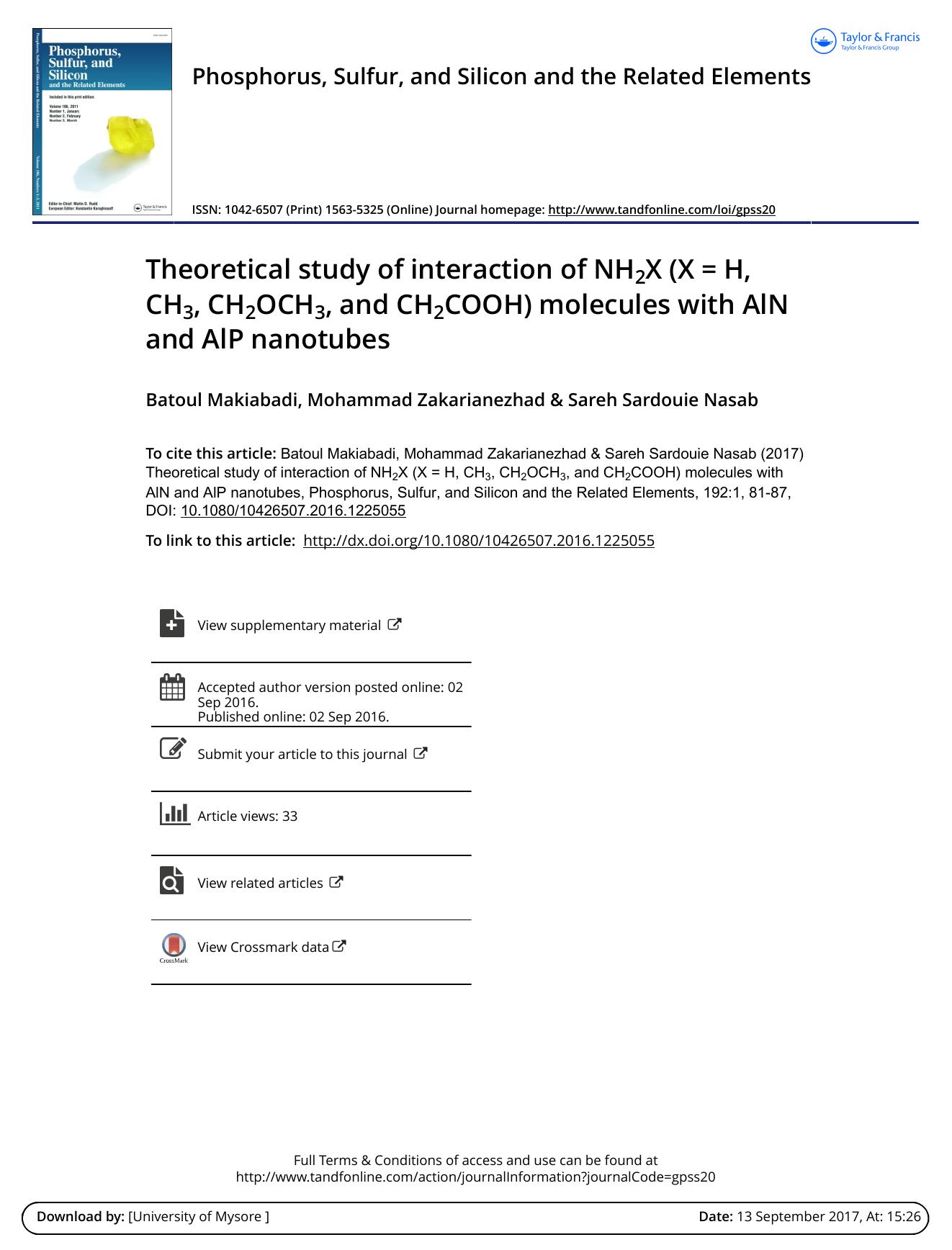 Theoretical study of interaction of NH2X (X = H, CH2, CH2OCH2, and CH2COOH) molecules with AlN and AlP nanotubes by Batoul Makiabadi & Mohammad Zakarianezhad & Sareh Sardouie Nasab