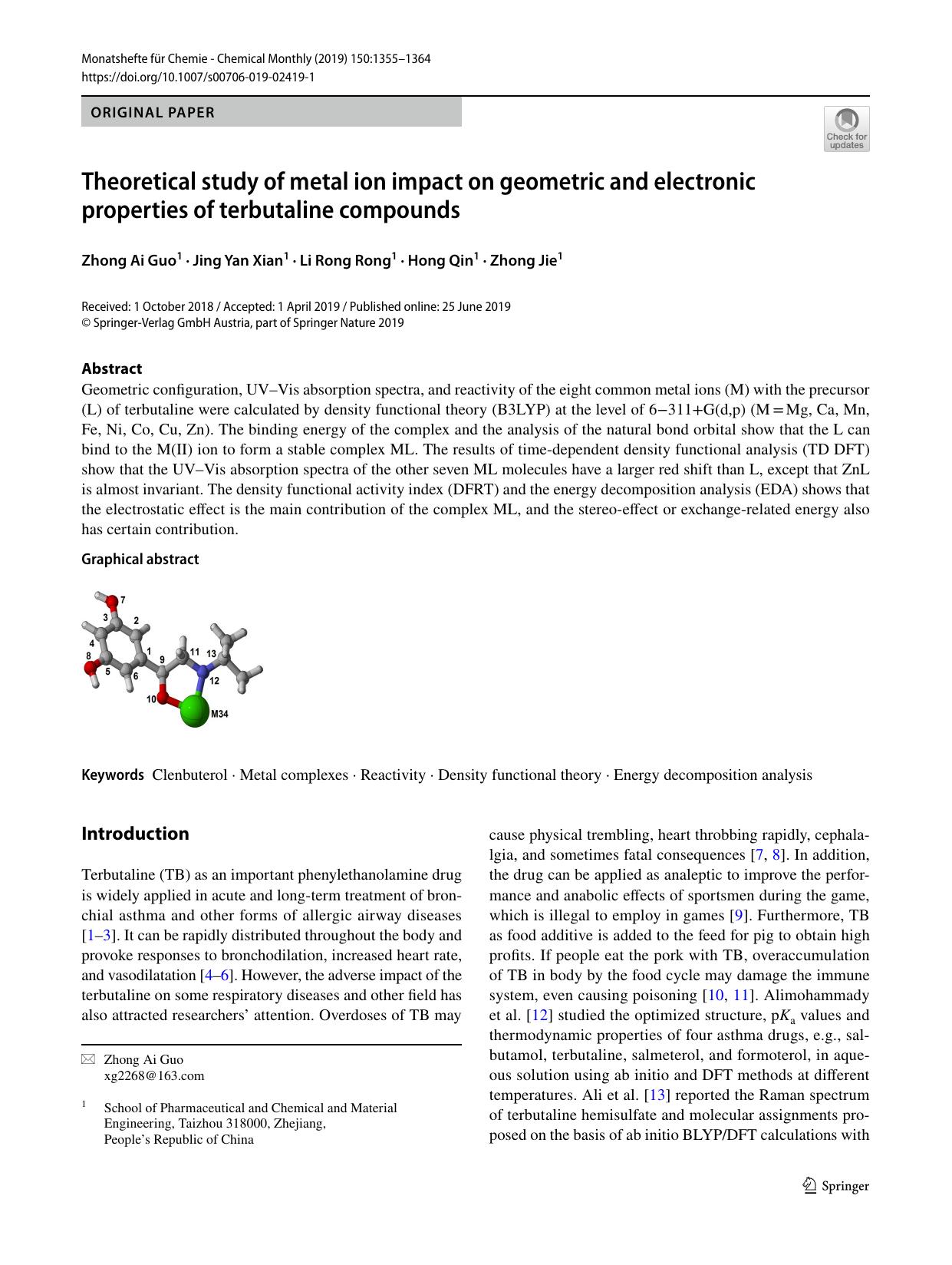 Theoretical study of metal ion impact on geometric and electronic properties of terbutaline compounds by Zhong Ai Guo & Jing Yan Xian & Li Rong Rong & Hong Qin & Zhong Jie