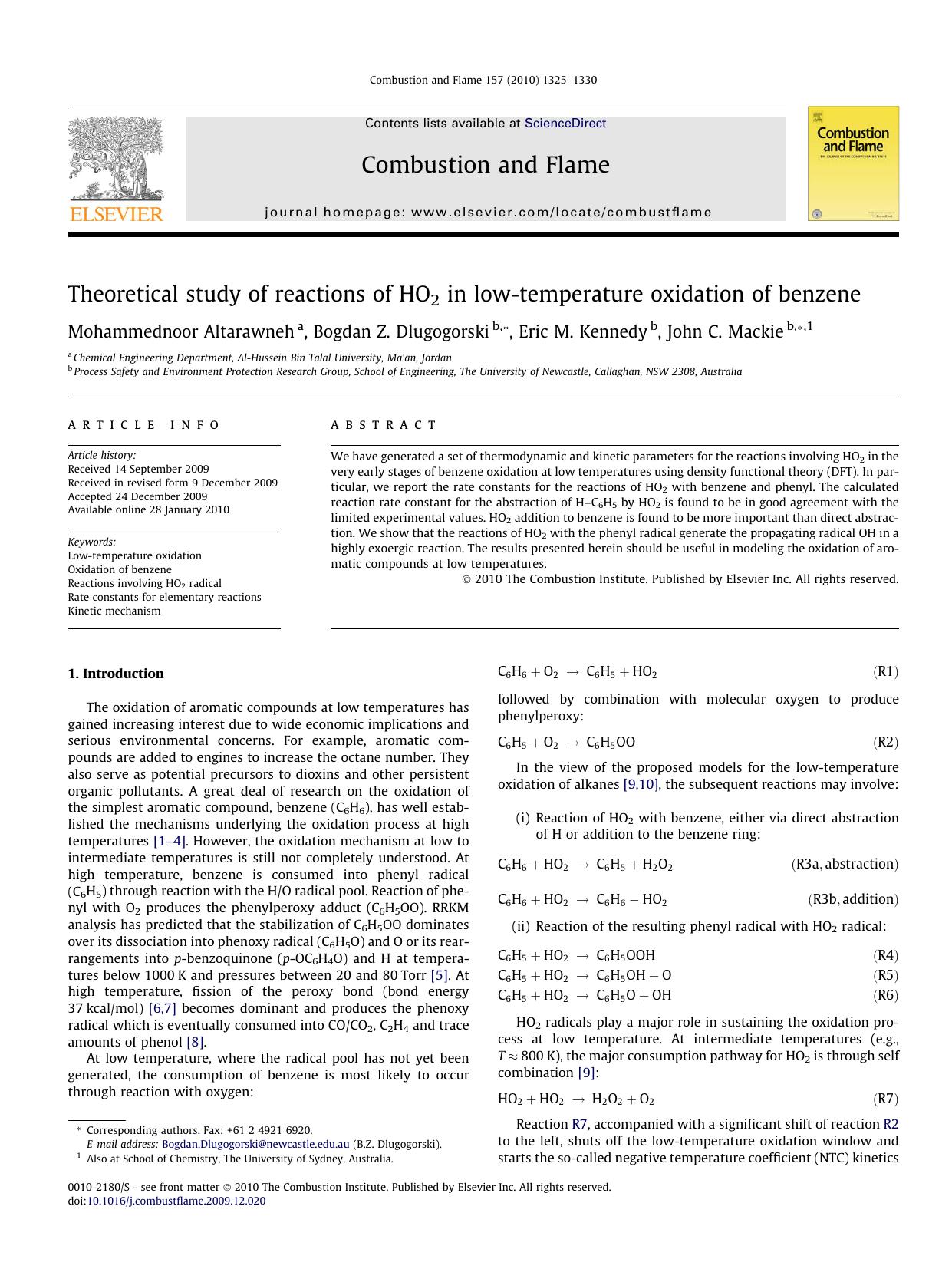 Theoretical study of reactions of HO2 in low-temperature oxidation of benzene by Mohammednoor Altarawneh; Bogdan Z. Dlugogorski; Eric M. Kennedy; John C. Mackie