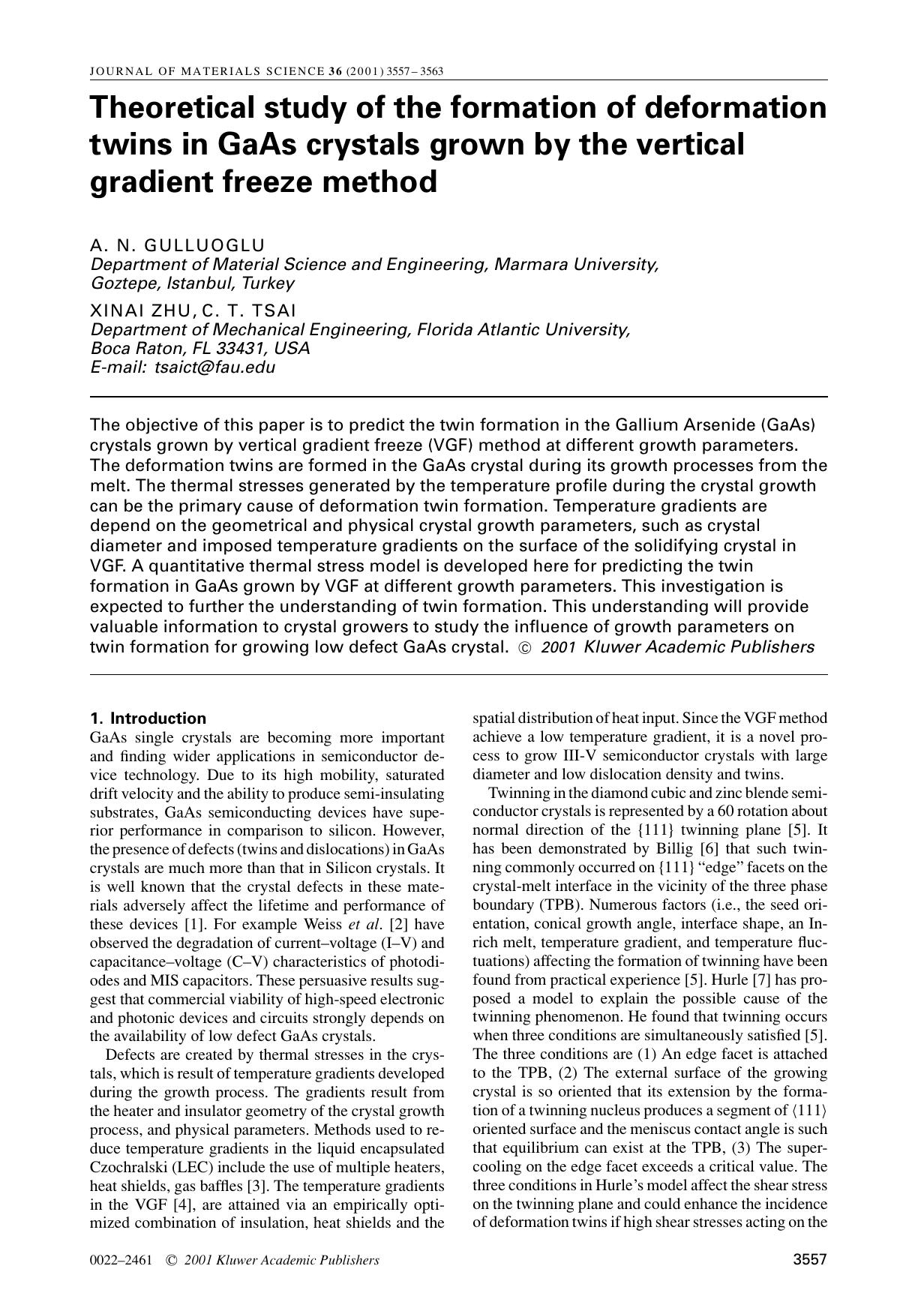 Theoretical study of the formation of deformation twins in GaAs crystals grown by the vertical gradient freeze method by Unknown