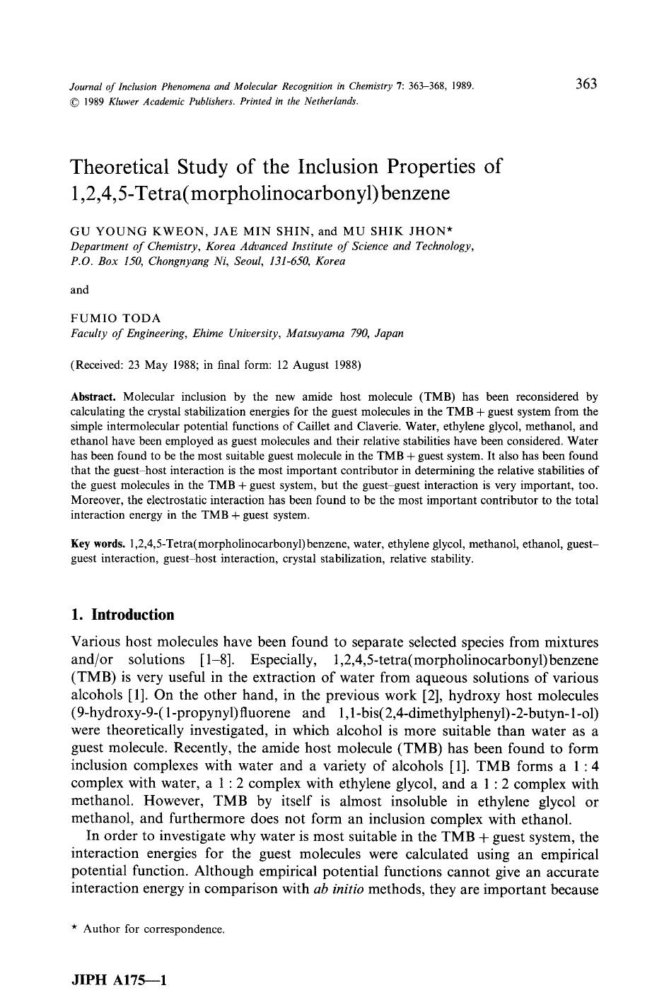 Theoretical study of the inclusion properties of 1,2,4,5-tetra(morpholinocarbonyl)benzene by Unknown