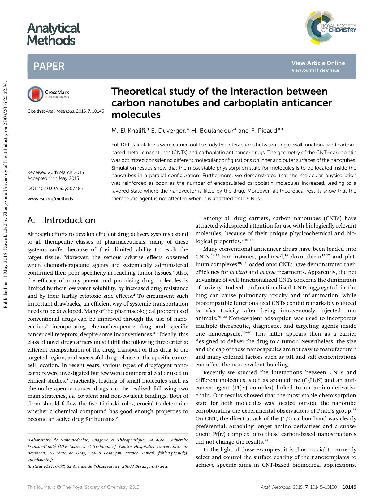 Theoretical study of the interaction between carbon nanotubes and carboplatin anticancer molecules by M. El Khalifi & E. Duverger & H. Boulahdour & F. Picaud