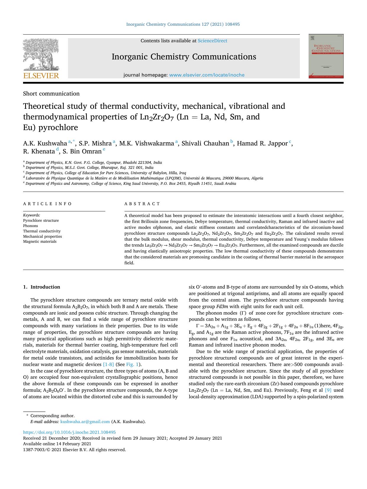 Theoretical study of thermal conductivity, mechanical, vibrational and thermodynamical properties of Ln2Zr2O7 (LnÂ =Â La, Nd, Sm, and Eu) pyrochlore by A.K. Kushwaha