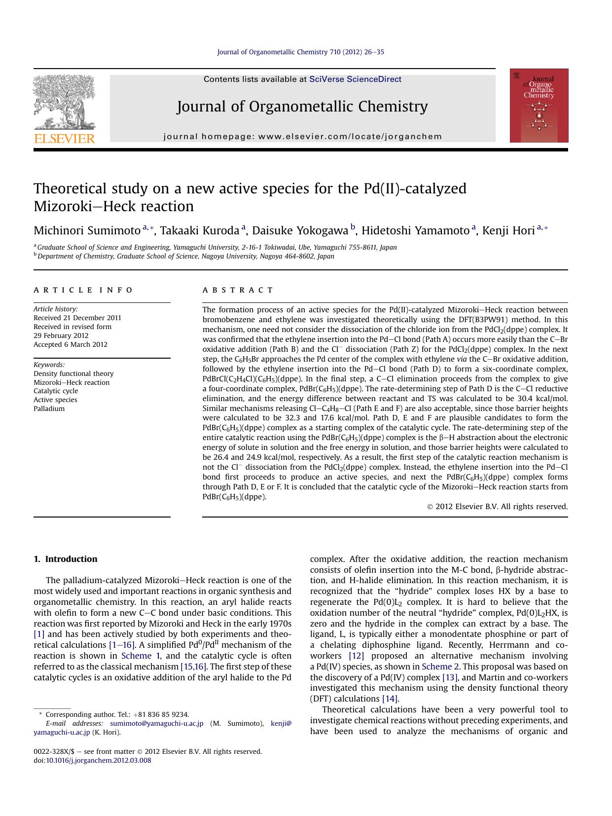 Theoretical study on a new active species for the Pd(II)-catalyzed Mizoroki-Heck reaction by Michinori Sumimoto & Takaaki Kuroda & Daisuke Yokogawa & Hidetoshi Yamamoto & Kenji Hori