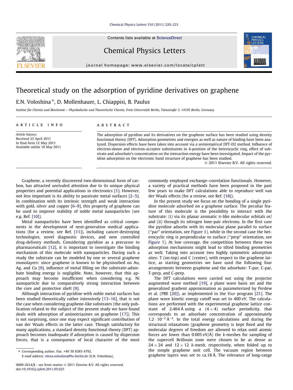 Theoretical study on the adsorption of pyridine derivatives on graphene by E.N. Voloshina & D. Mollenhauer & L. Chiappisi & B. Paulus