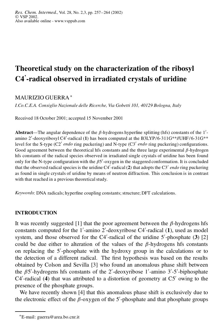 Theoretical study on the characterization of the ribosyl C4'-radical observed in irradiated crystals of uridine by Unknown