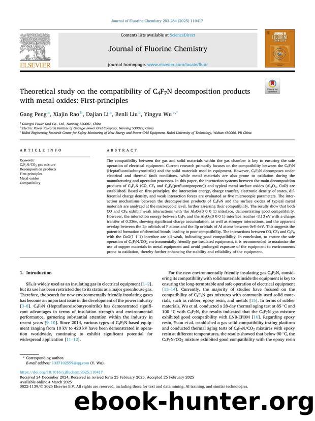Theoretical study on the compatibility of C4F7N decomposition products with metal oxides: First-principles by Gang Peng