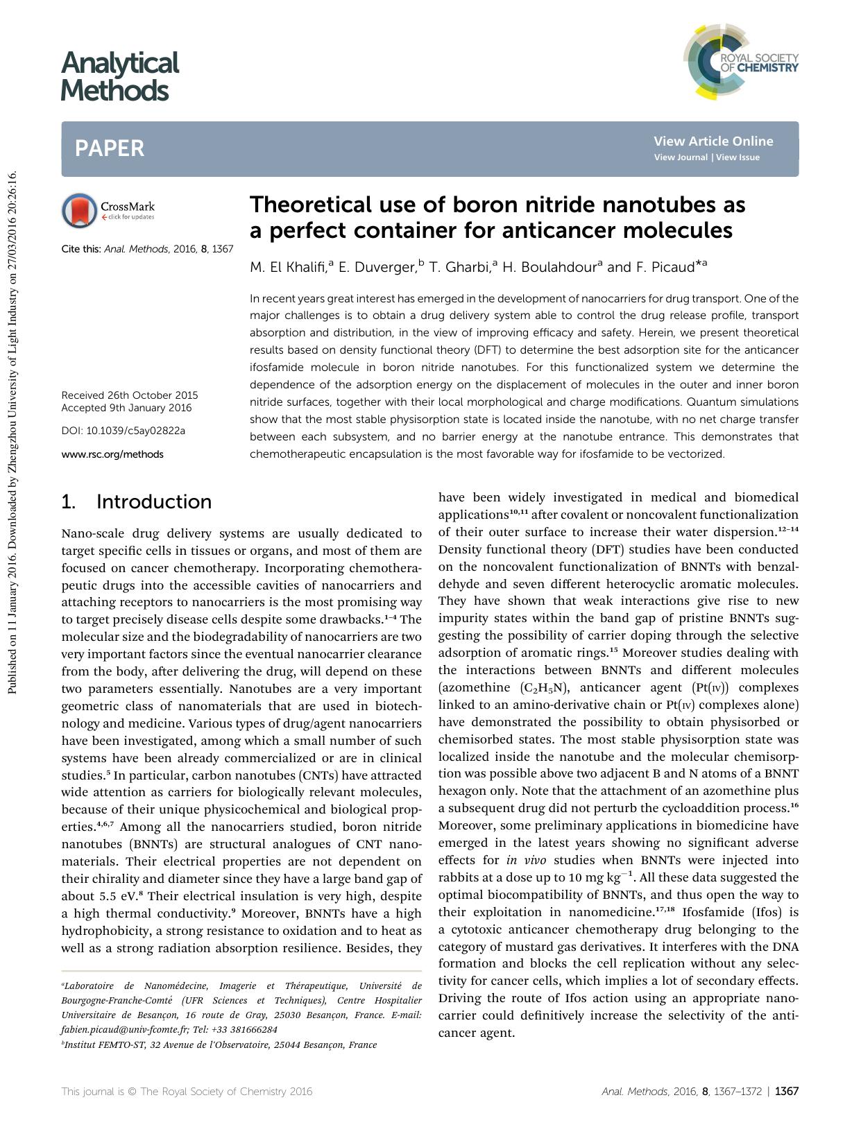 Theoretical use of boron nitride nanotubes as a perfect container for anticancer molecules by M. El Khalifi & E. Duverger & T. Gharbi & H. Boulahdour & F. Picaud