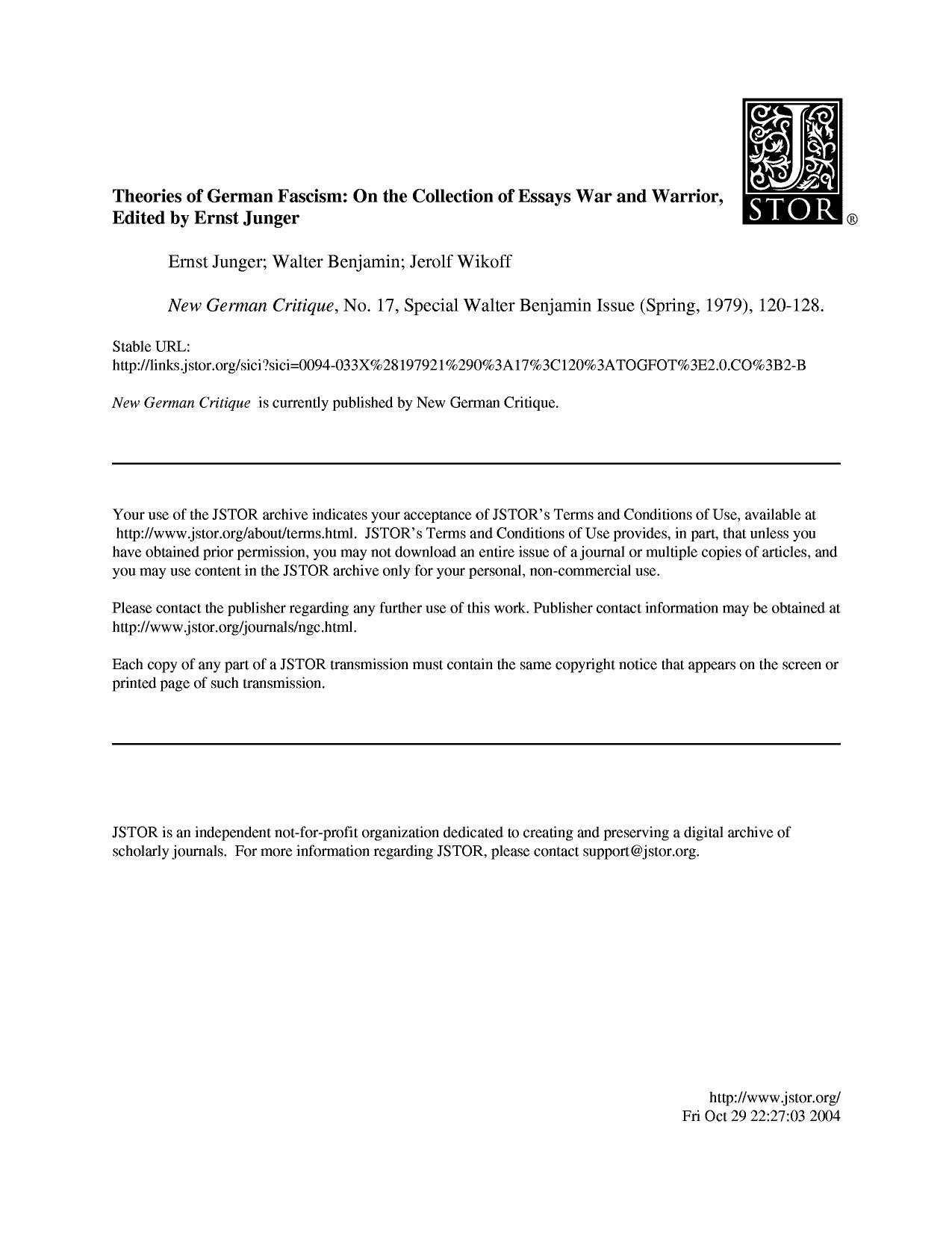 Theories Of German Fascism [On The Collection Of Essays 'War And Warrior'] by Unknown