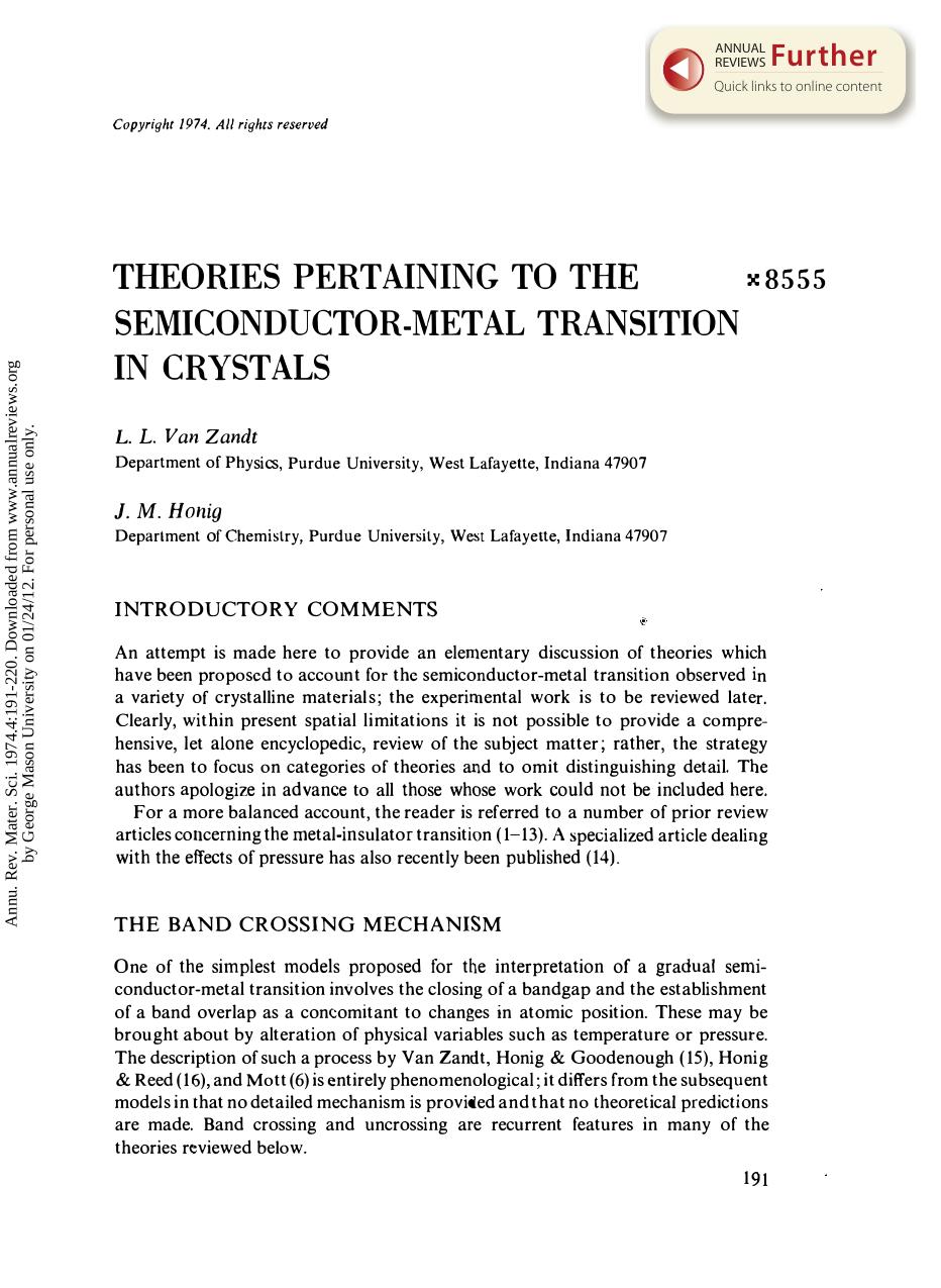 Theories Pertaining to the Semiconductor-Metal Transition in Crystals by L L V Zandt & J M Honig