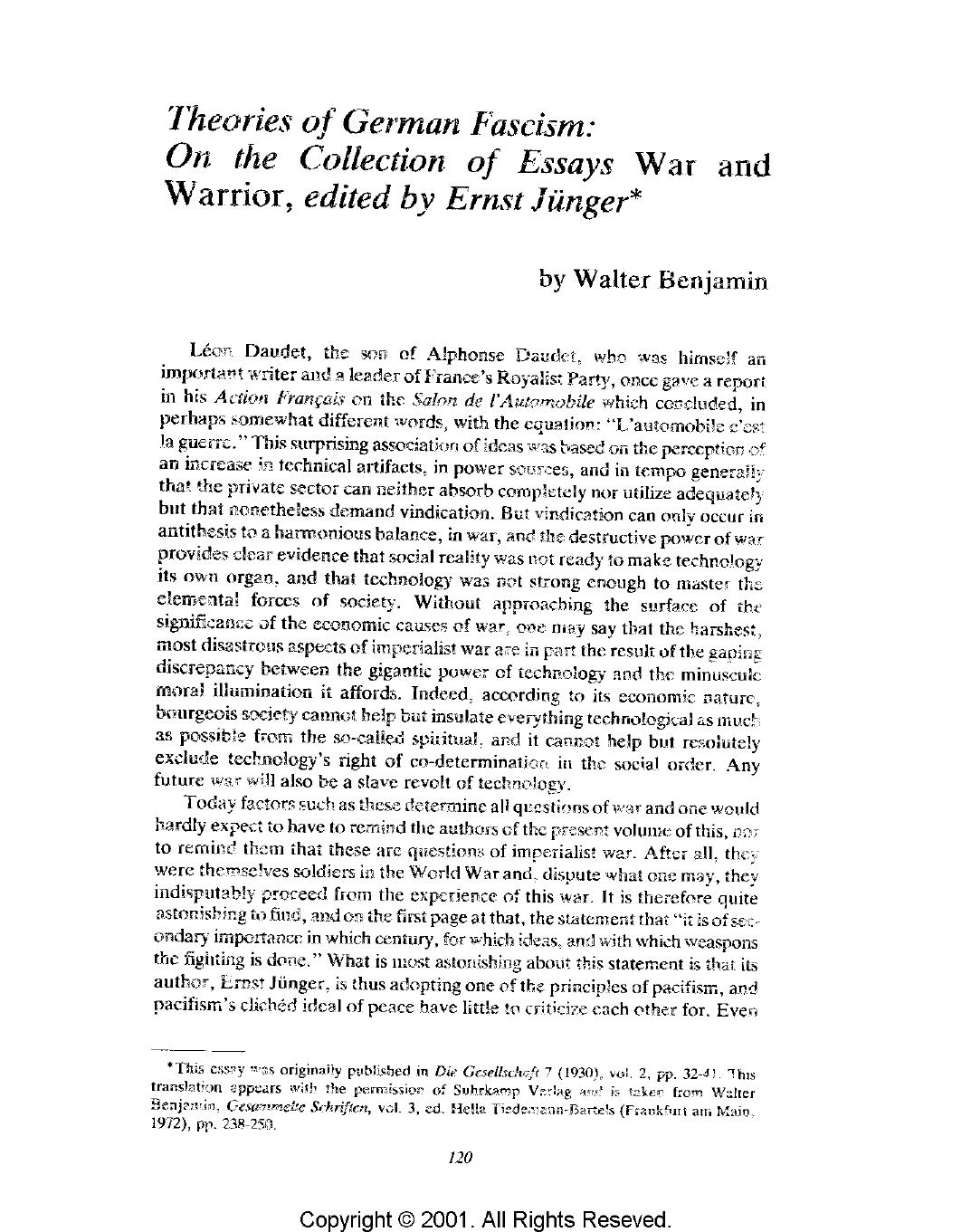 Theories of German Fascism: On the Collection of Essays War and Warrior, edited by Ernst Junger. by Walter Benjamin