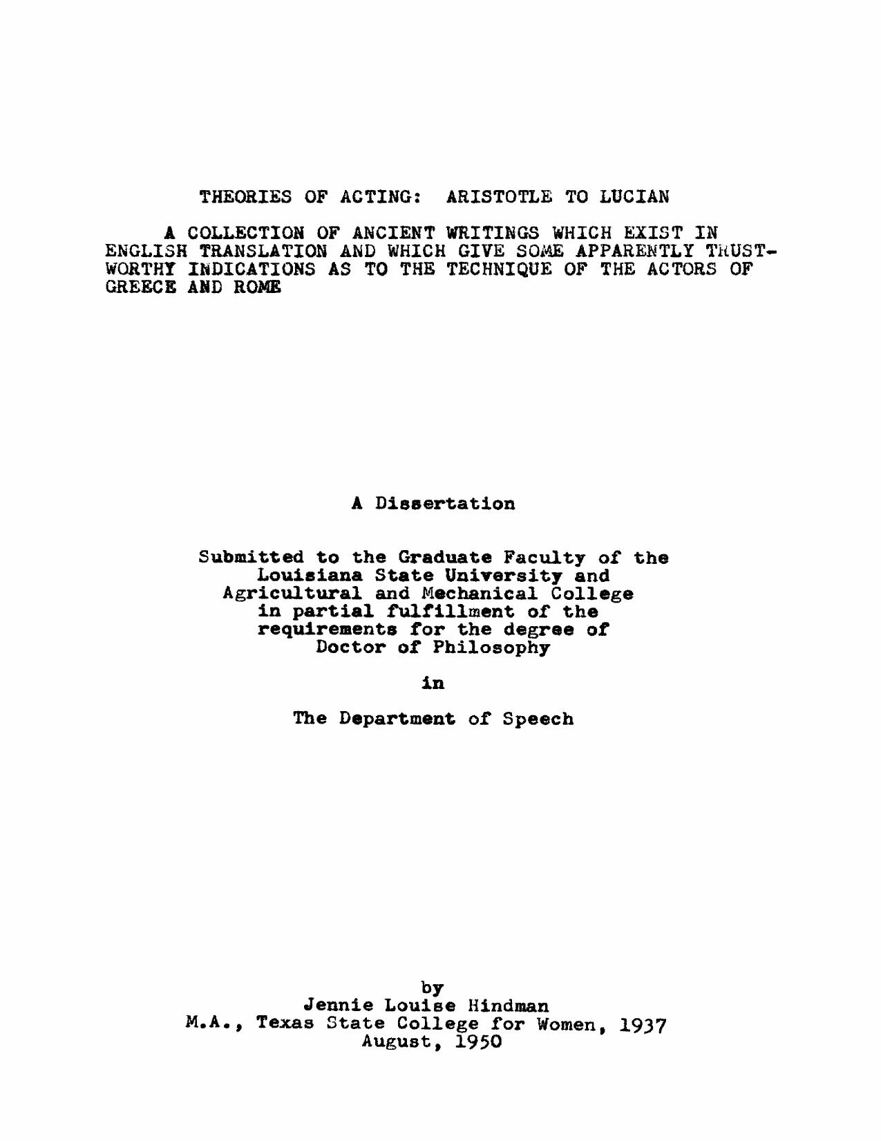 Theories of acting: Aristotle to Lucian by Hindman Jennie Louise