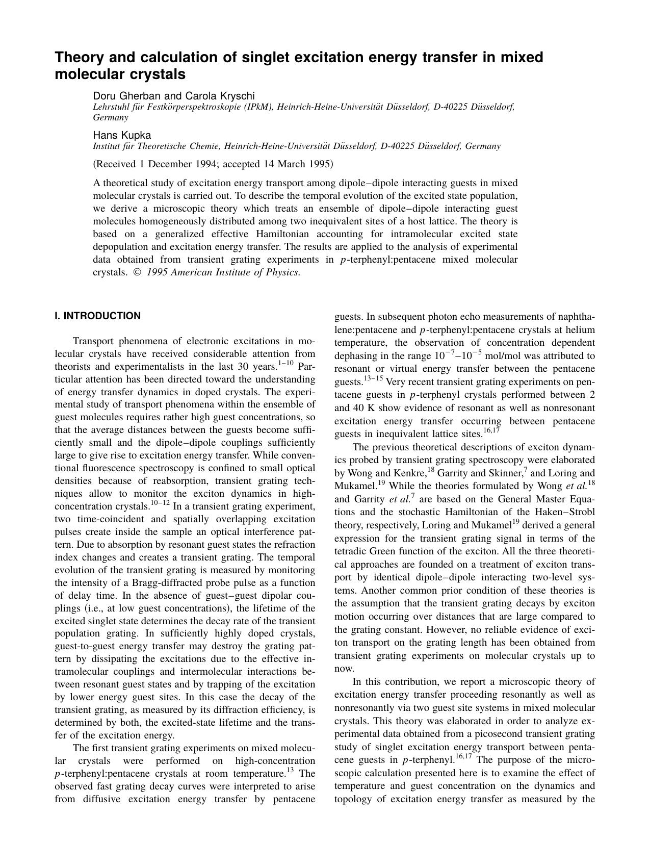 Theory and calculation of singlet excitation energy transfer in mixed molecular crystals by Doru Gherban and Carola Kryschi & Hans Kupka