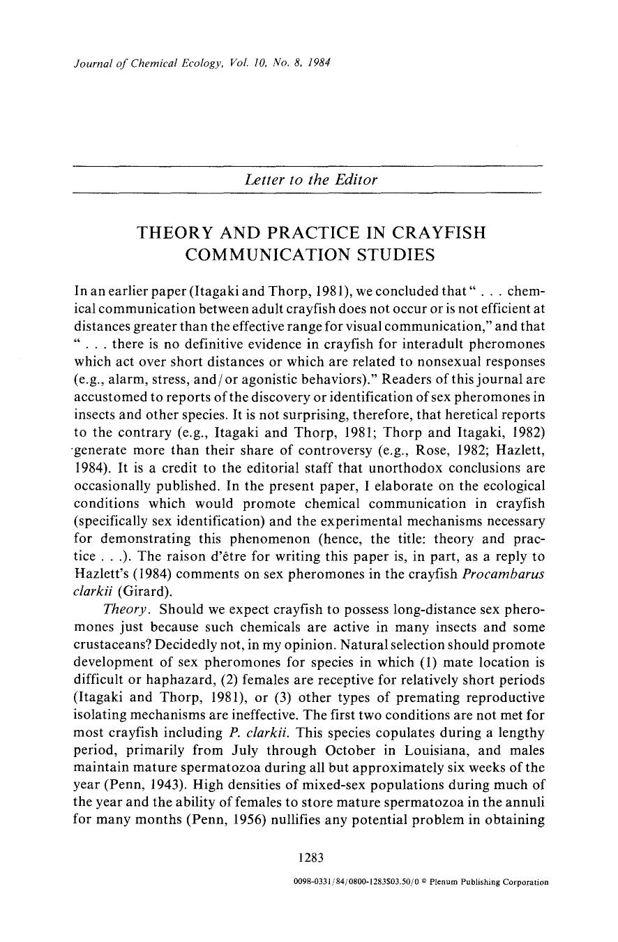 Theory and practice in crayfish communication studies by Unknown