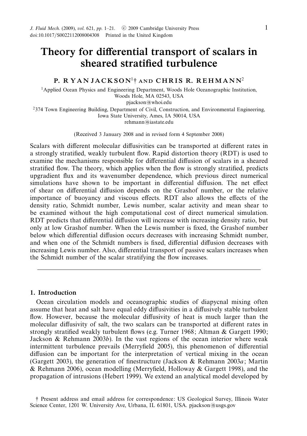 Theory for differential transport of scalars in sheared stratified turbulence by P. RYAN JACKSON CHRIS R. REHMANN