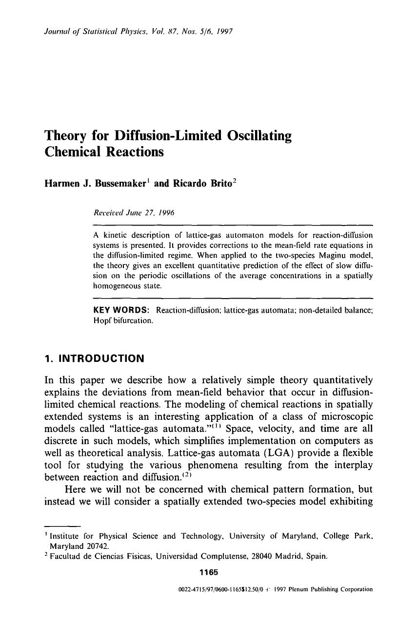 Theory for diffusion-limited oscillating chemical reactions by Unknown