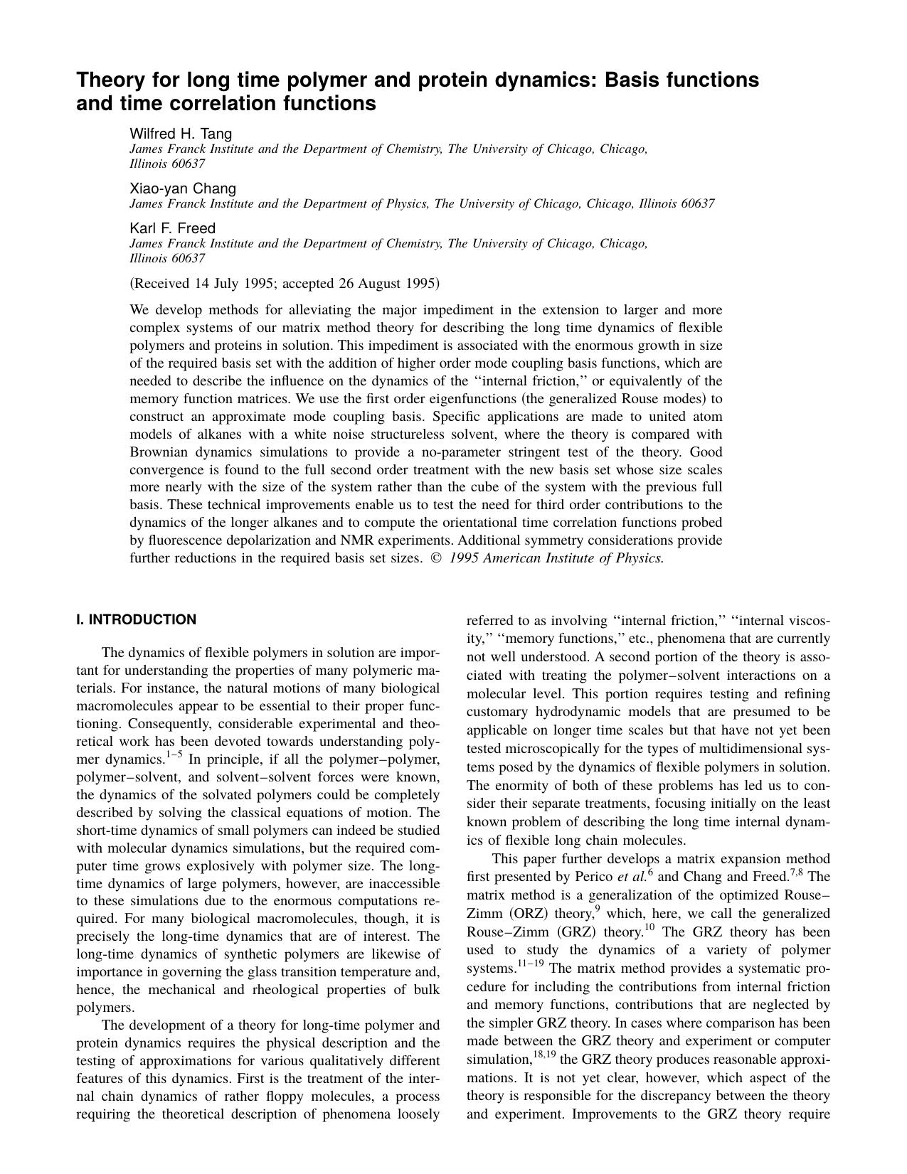 Theory for long time polymer and protein dynamics: Basis functions and time correlation functions by Wilfred H. Tang & Xiao-yan Chang & Karl F. Freed