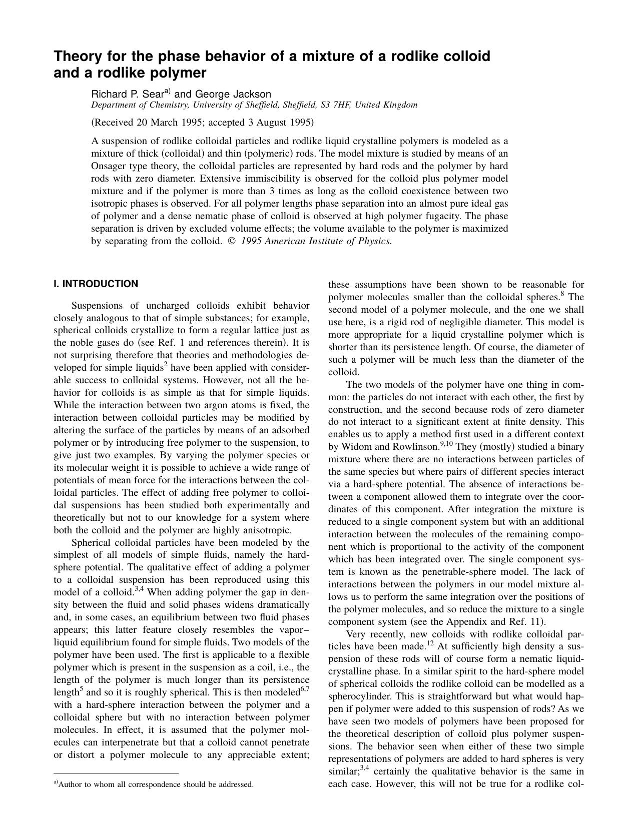 Theory for the phase behavior of a mixture of a rodlike colloid and a rodlike polymer by Richard P. Sear and George Jackson